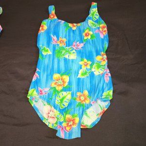 1990s Vintage one-piece swimsuit. Brand New- Never worn. Hawaiian Aloha print wi